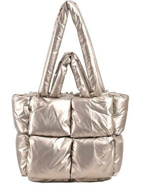 Women Champag Quilted Polyester Lightweight Zipper Luxury Tote Shoulder Handbag